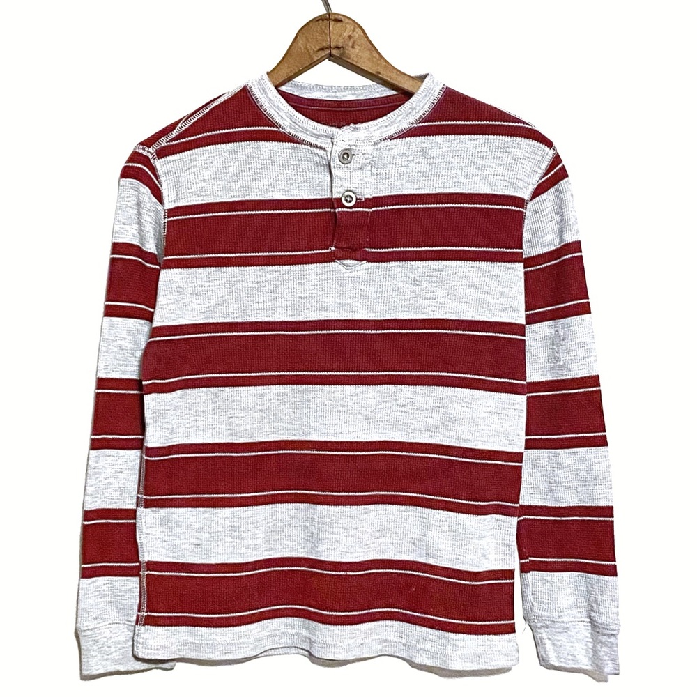 Red Camel Striped Thermal Long Sleeve Henley Shirt Gray/Burgundy Maroon Boys M